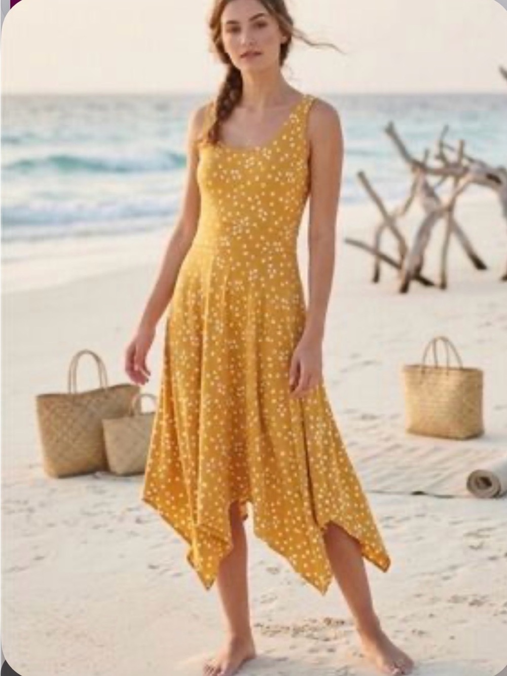 Pact Yellow White Polka Dot Handkerchief-Hem Dress Size L